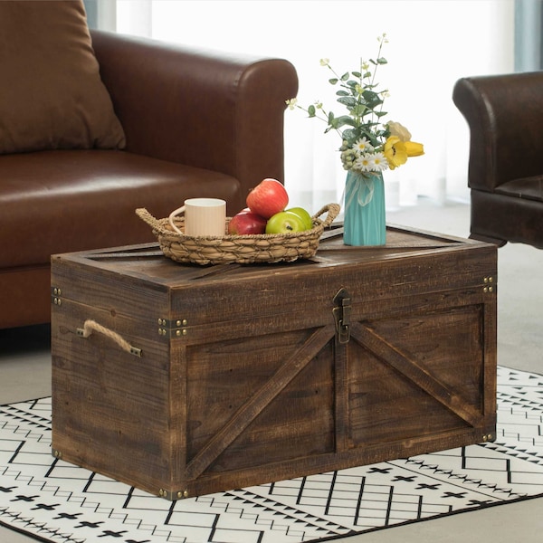 Brown Large Wooden Lockable Trunk Farmhouse Style Rustic Design Lined Storage Chest W/Rope Handles